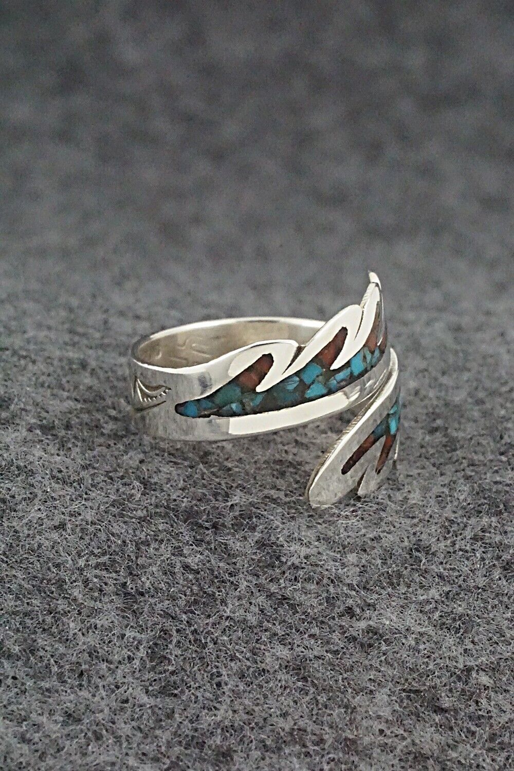 Turquoise, Coral & Sterling Silver Ring - Jolene Yazzie - Size 9
