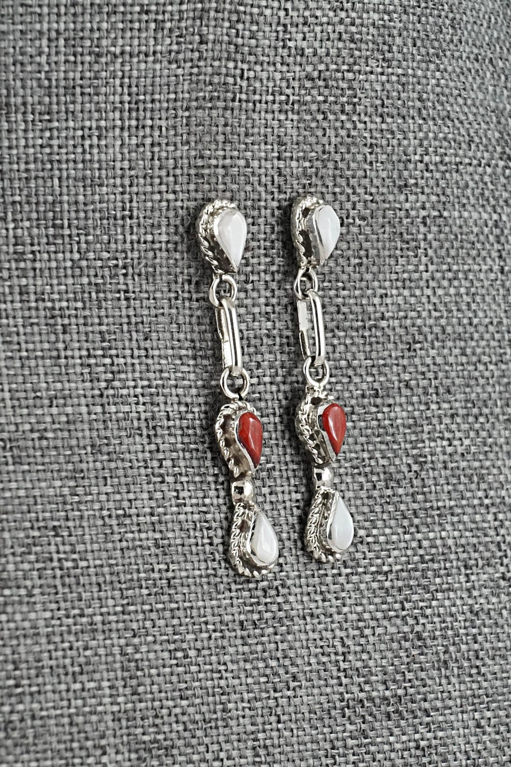 Coral, Mother of Pearl & Sterling Silver Earrings - Carol Lateyice