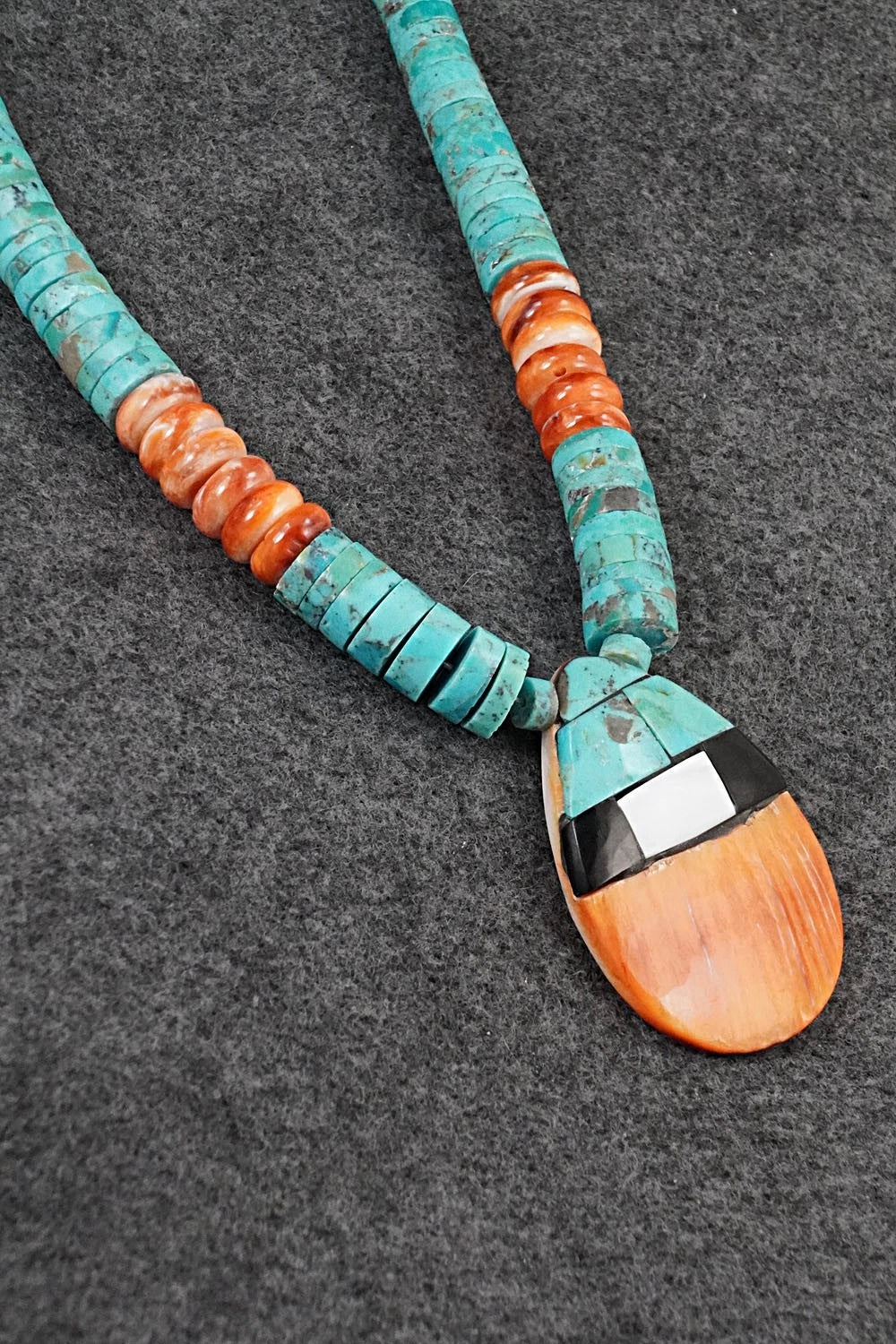 Turquoise, Spiny Oyster and Sterling Silver Necklace - Lupe Lovato