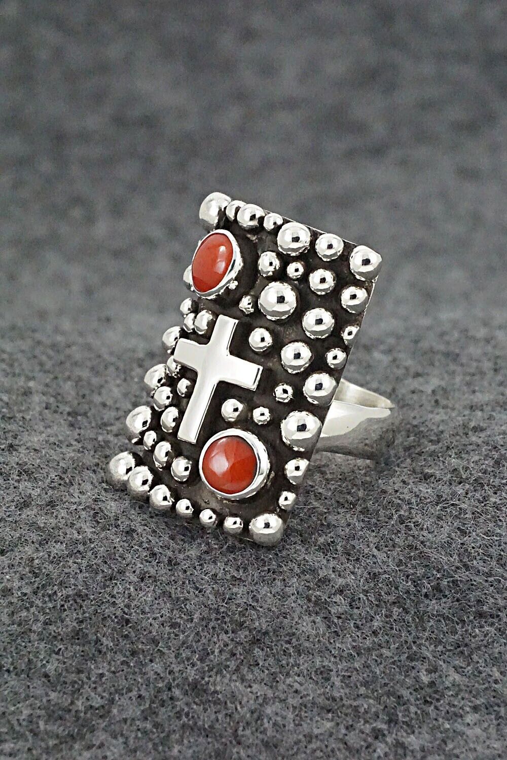 Coral and Sterling Silver Ring - Raymond Coriz - Size 7.5 Adj.
