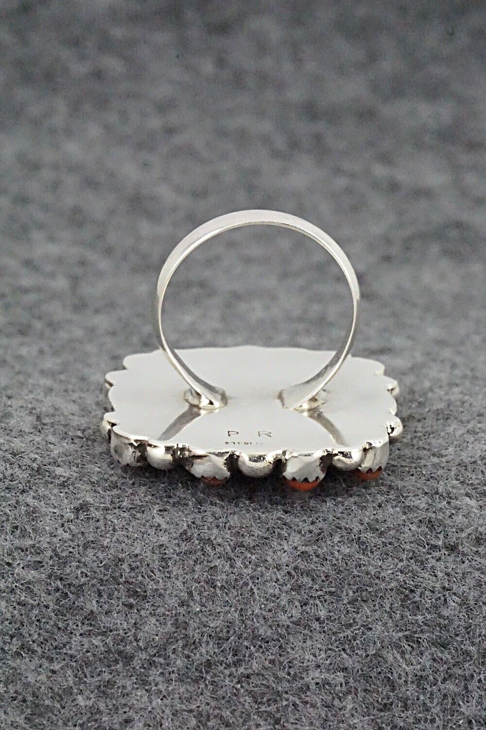 Turquoise, Coral & Sterling Silver Ring - Priscilla Reeder - Size 8.5