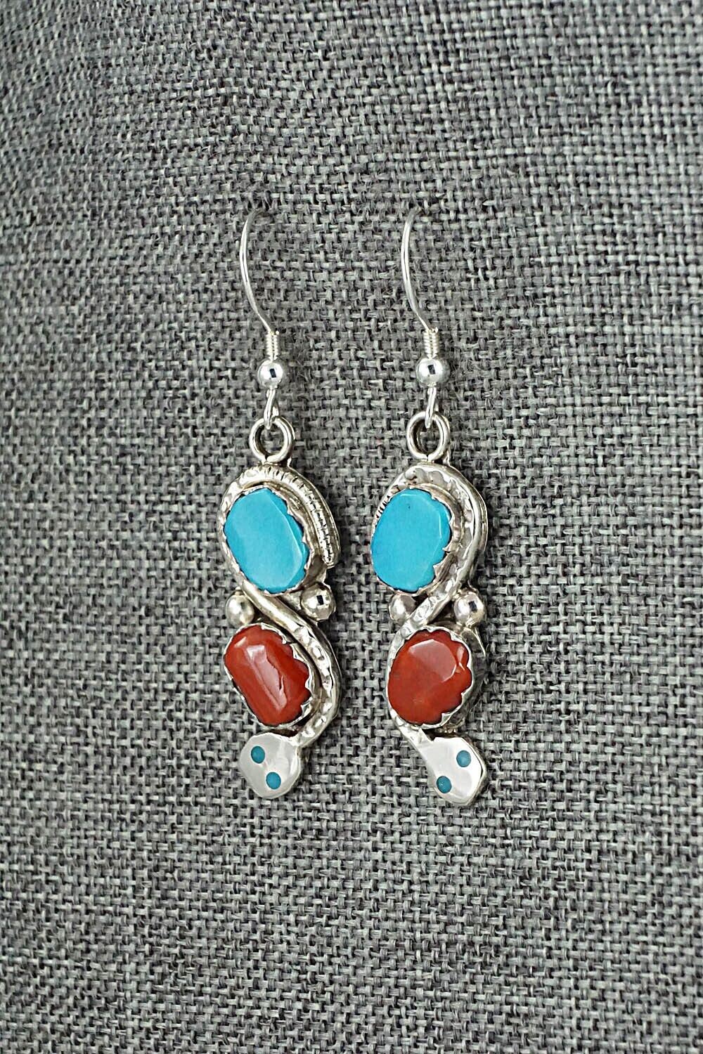 Turquoise, Coral & Sterling Silver Earrings - Joy Calavaza