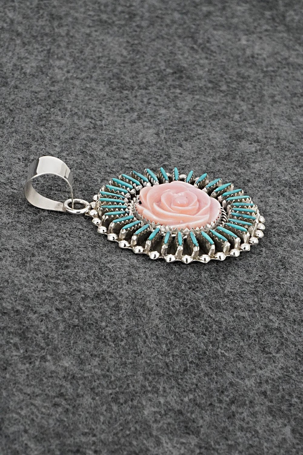 Turquoise, Pink Conch & Sterling Silver Pendant - Roland Francisco