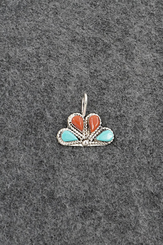 Coral, Turquoise & Sterling Silver Pendant - Huberta Lonjose