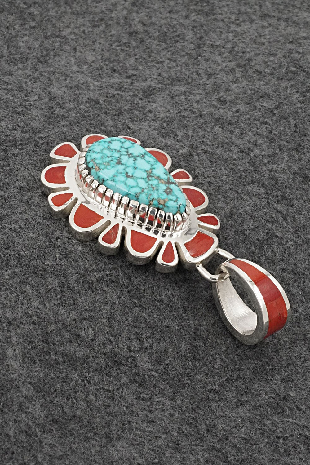 Turquoise, Coral & Sterling Silver Pendant - Vernon Haskie