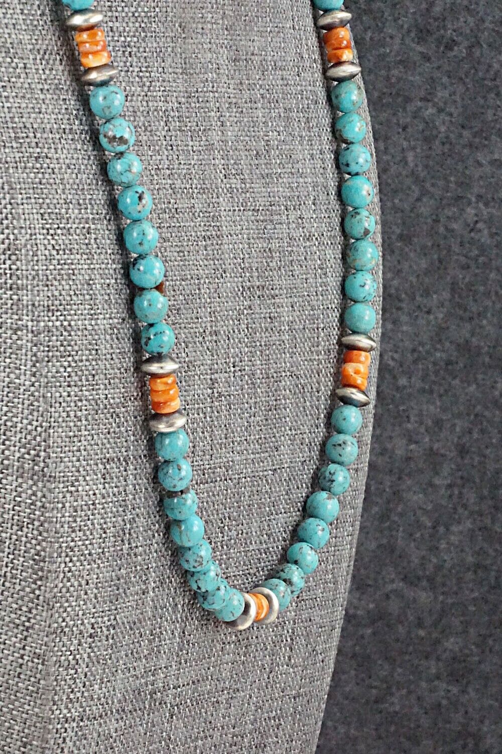 Turquoise, Spiny Oyster & Sterling Silver Necklace 20" - Doreen Jake