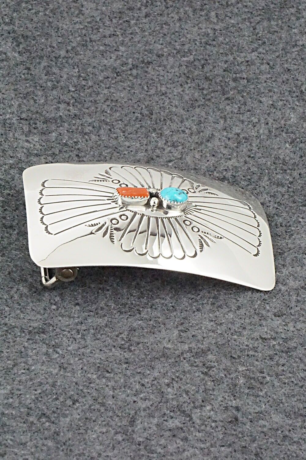 Turquoise, Coral & Sterling Silver Belt Buckle - Joann Silver