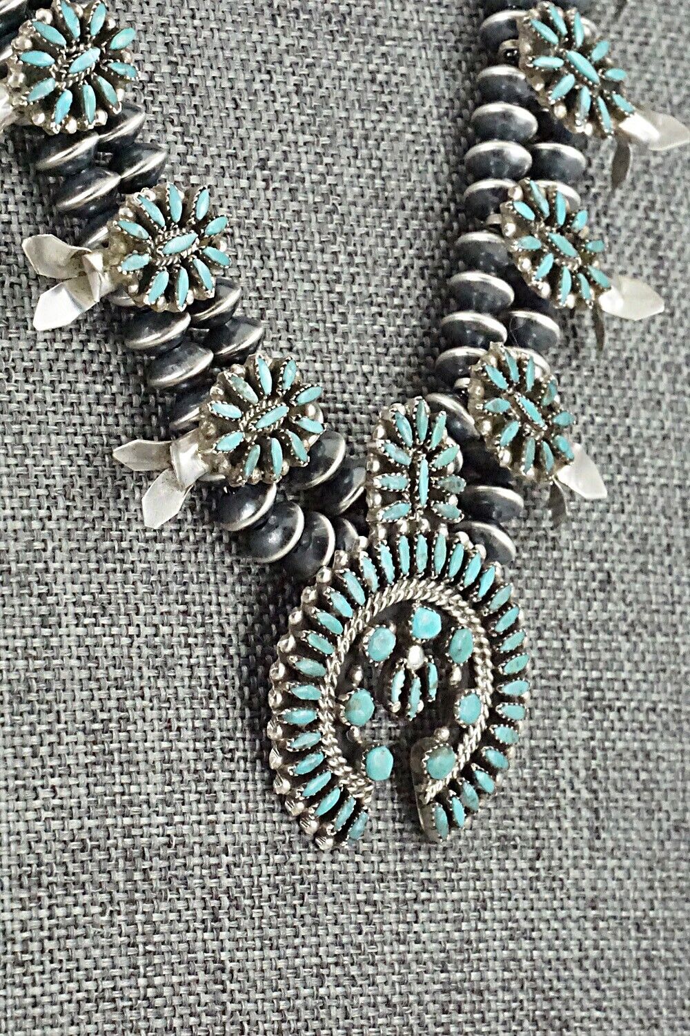 Turquoise & Sterling Silver Mini Squash Blossom Set - Lorena Peina