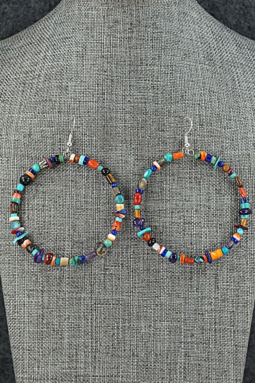 Multi Stone & Sterling Silver Hoop Earrings - Helen Tsosie