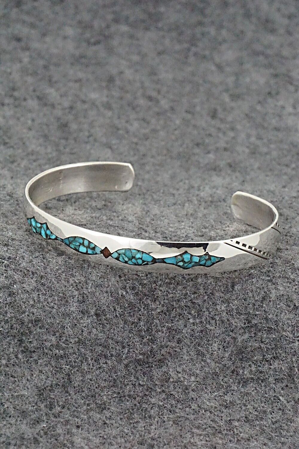 Turquoise, Coral & Sterling Silver Inlay Bracelet - Jolene Yazzie