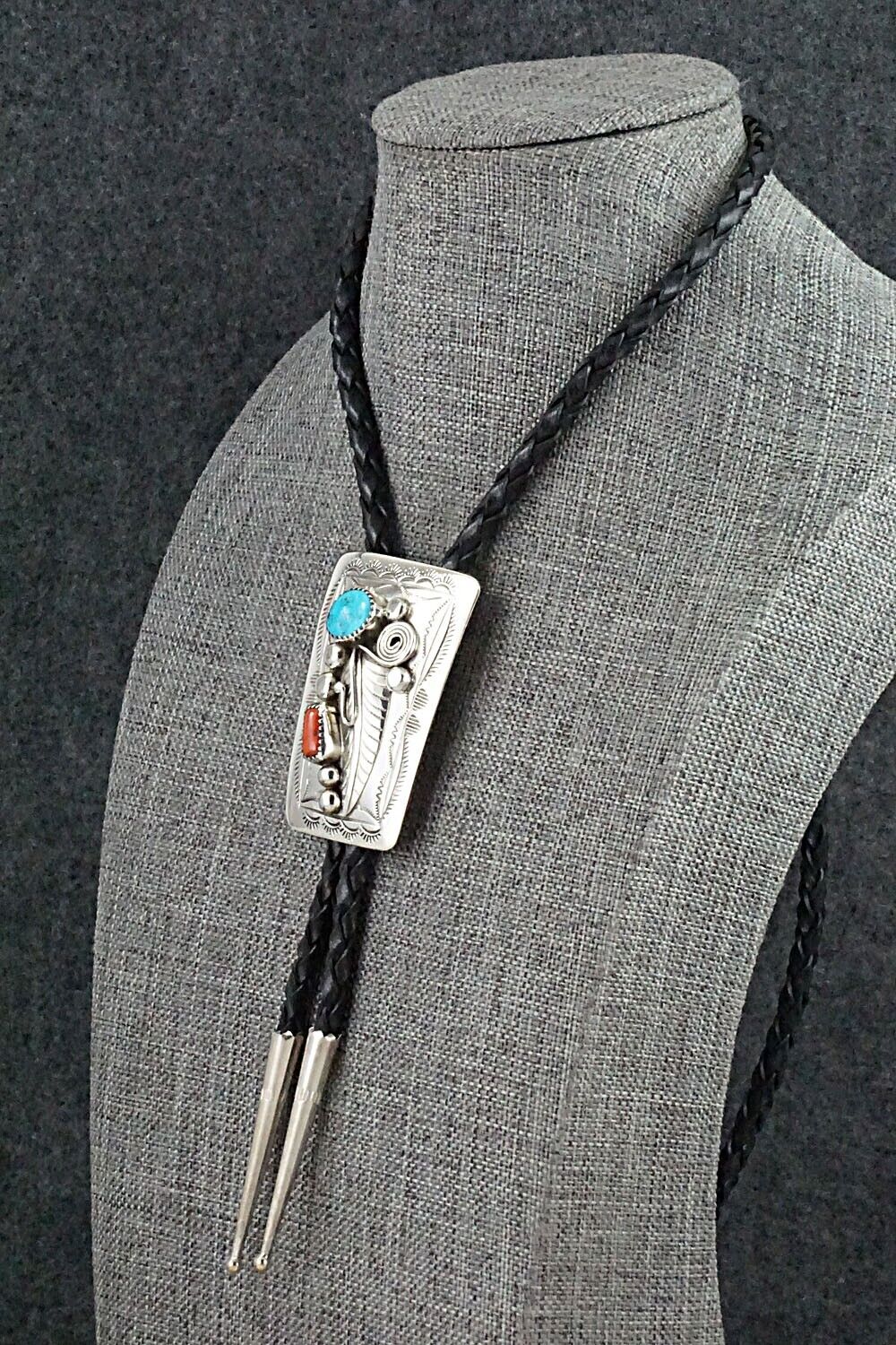 Turquoise, Coral & Sterling Silver Bolo Tie - Wilbur Myers