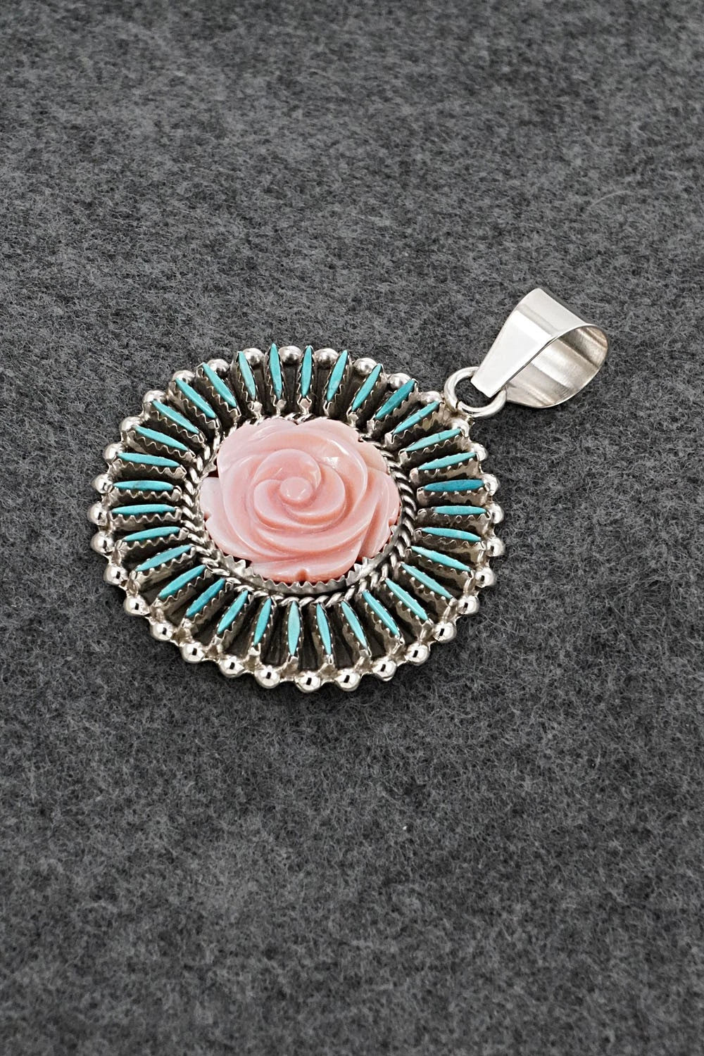 Turquoise, Pink Conch & Sterling Silver Pendant - Roland Francisco