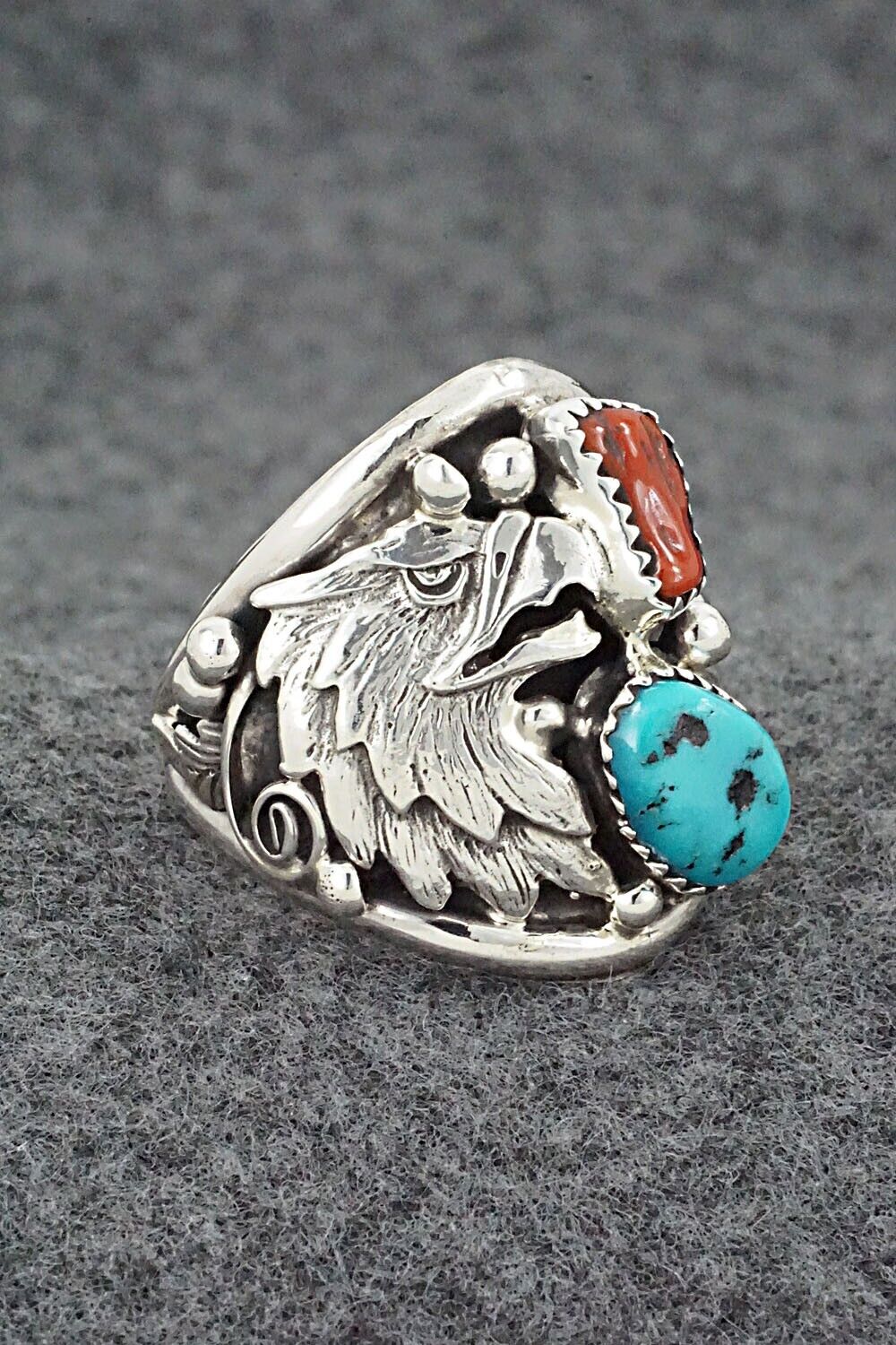 Turquoise, Coral & Sterling Silver Ring - Jeannette Saunders - Size 11