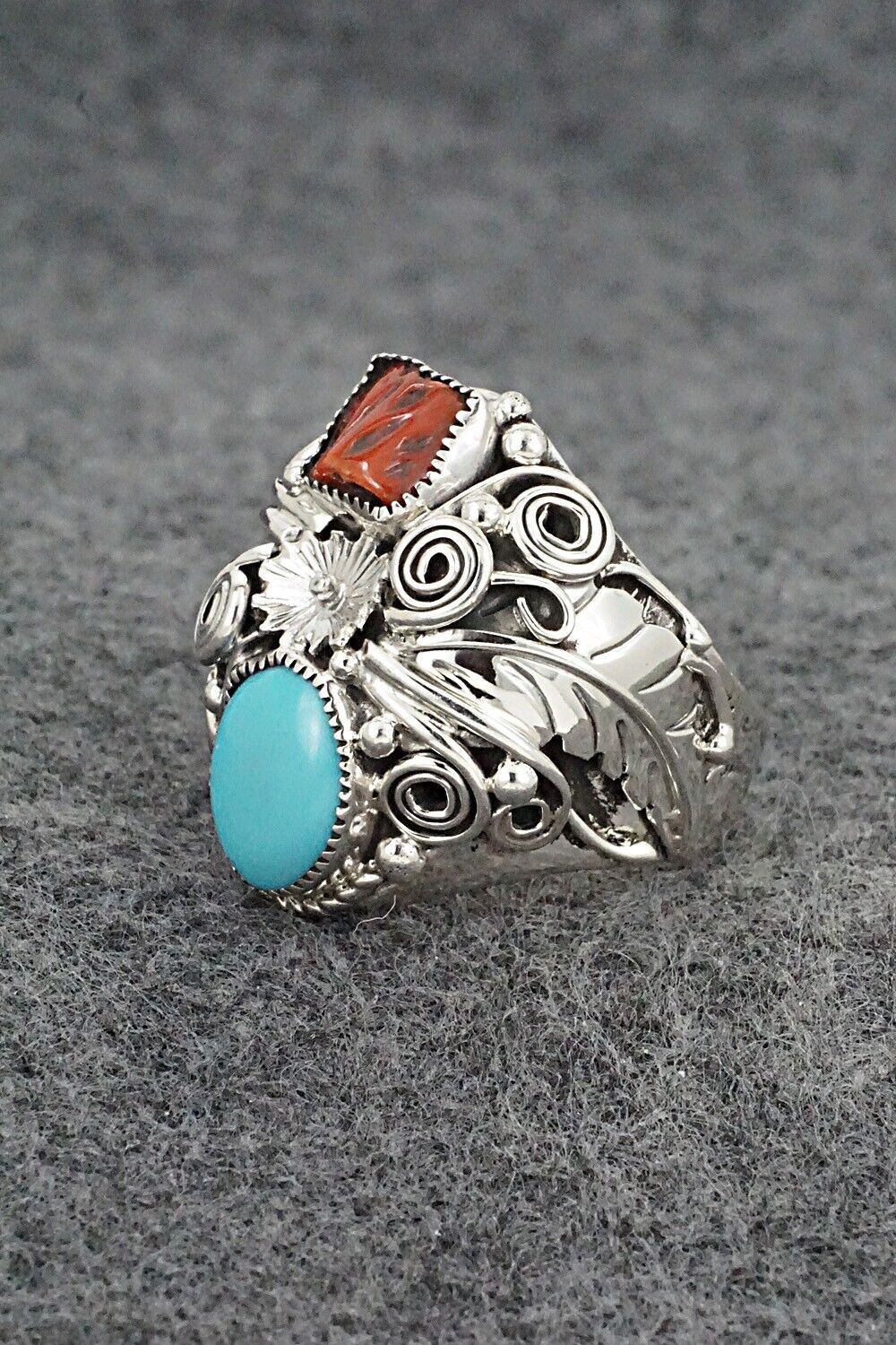 Turquoise, Coral & Sterling Silver Ring - Sarah Yazzie - Size 9.5