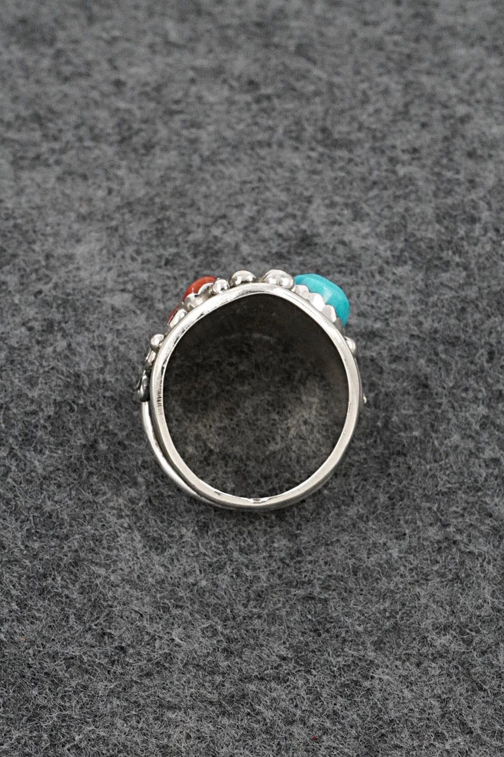 Turquoise, Coral & Sterling Silver Ring - Darrell Morgan - Size 10.5