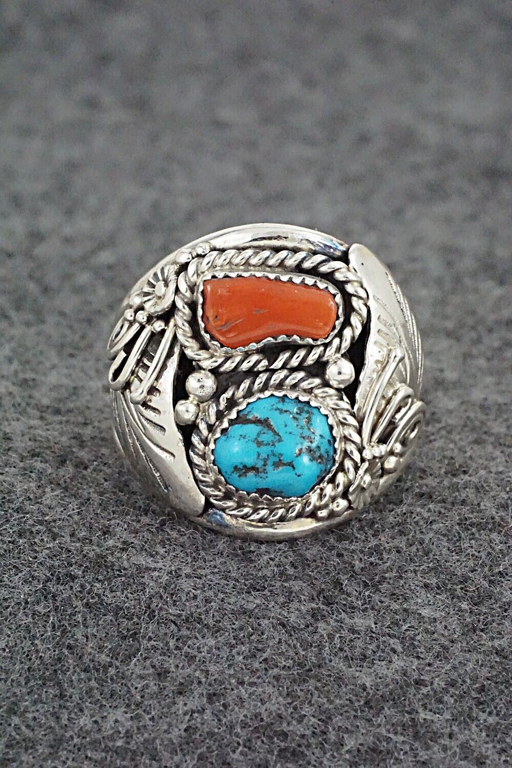 Turquoise, Coral & Sterling Silver Ring - Leonard Spencer - Size 12