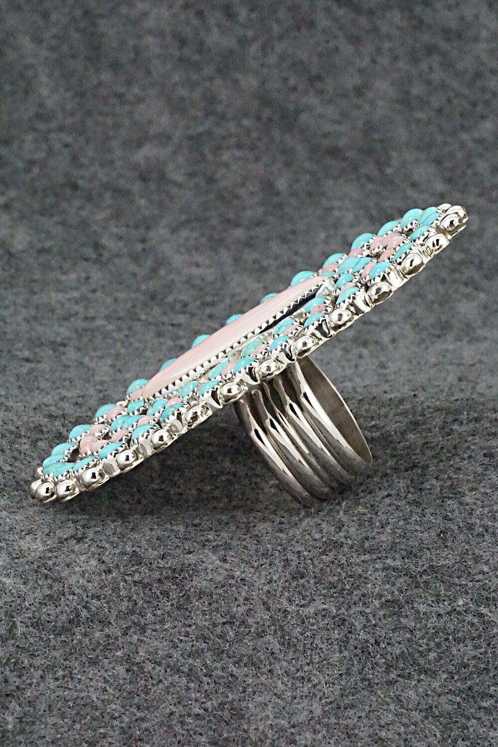 Pink Conch Shell, Turquoise & Sterling Silver Ring - Tina Jones - Size 9 (Adj)