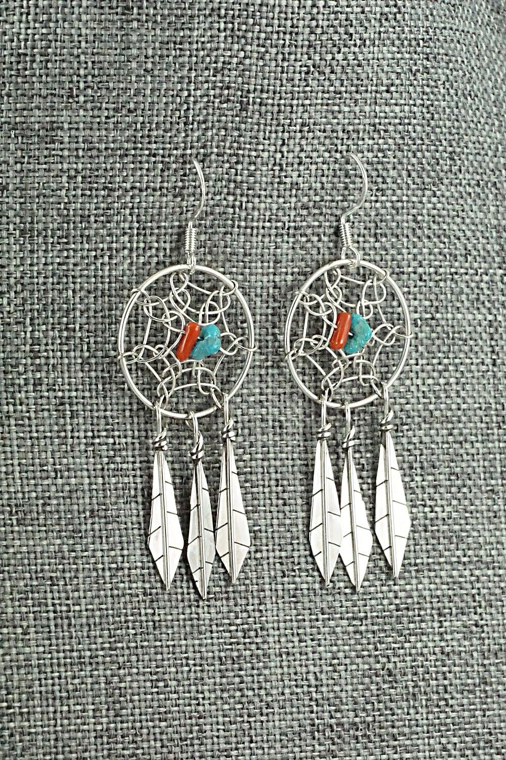 Turquoise, Coral & Sterling Silver Earrings - Lorenzo Arviso Jr.