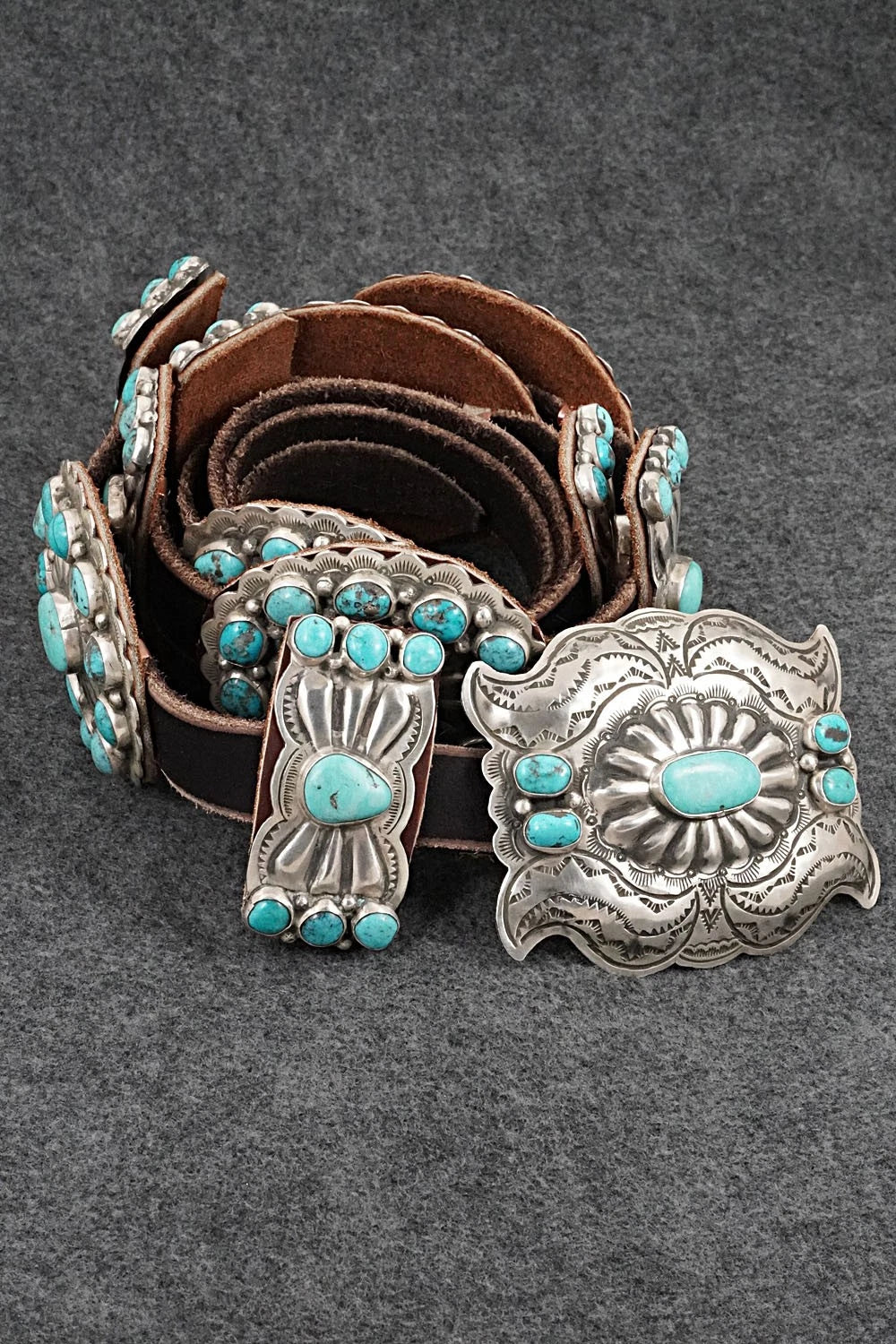 Turquoise, Sterling Silver & Leather Concho Belt - Marilyn Ramone