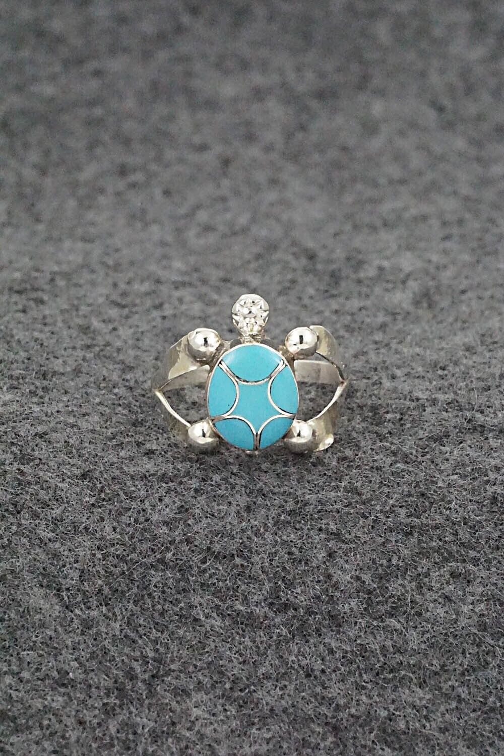 Turquoise & Sterling Silver Inlay Ring - Amelida Peynetsa - Size 6.5