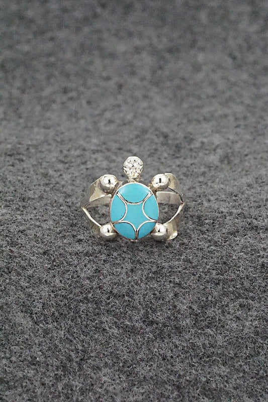 Turquoise & Sterling Silver Inlay Ring - Amelida Peynetsa - Size 6.5