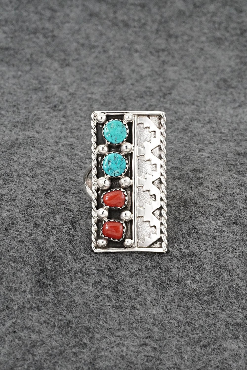 Turquoise, Coral & Sterling Silver Ring - Ronnie Spencer - Size 10