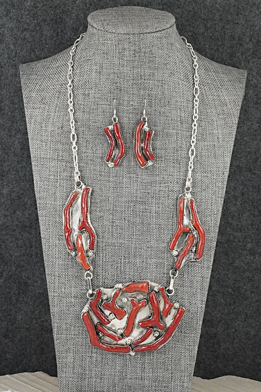 Coral & Sterling Silver Necklace and Earrings Set - Tsabetsaye