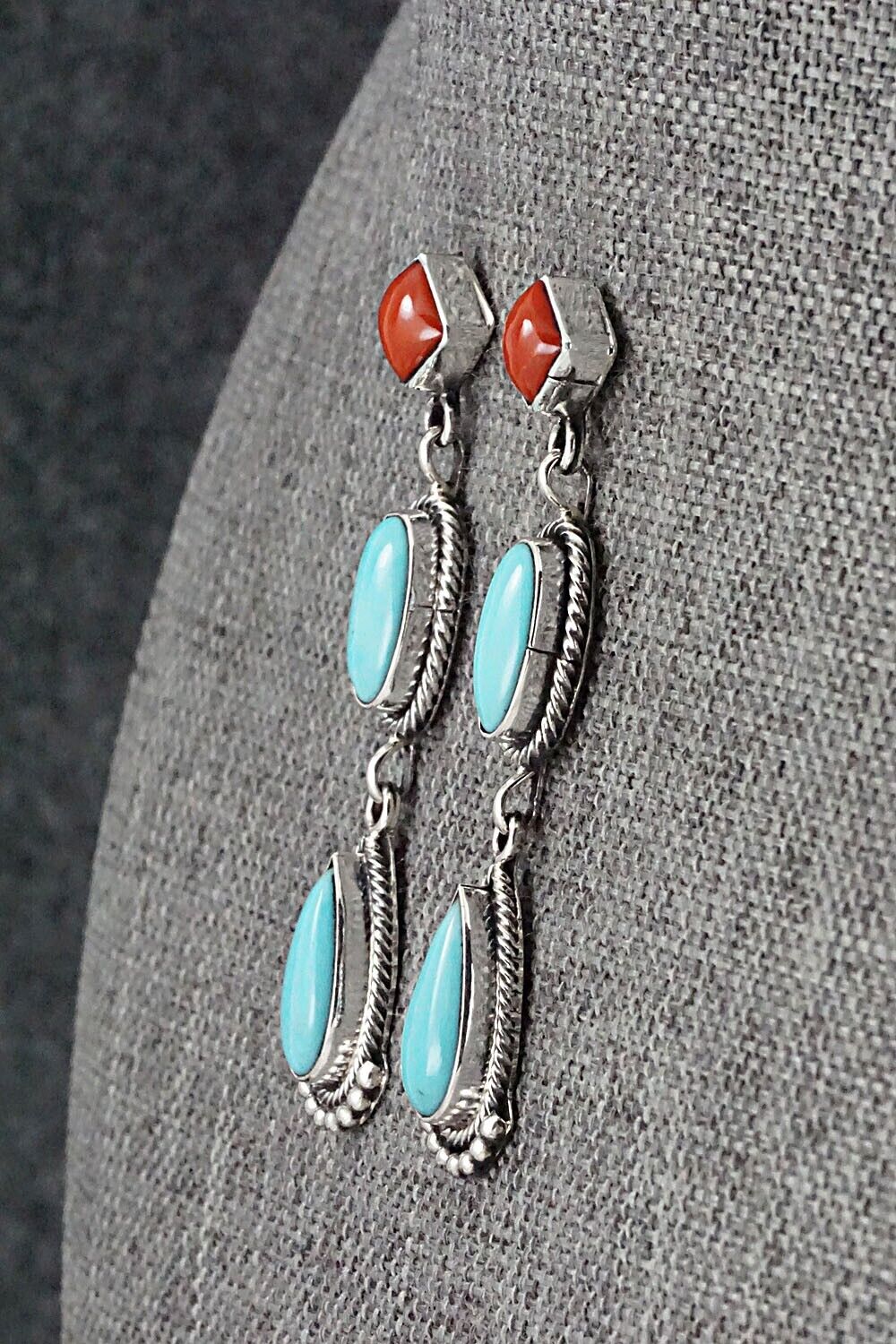 Turquoise, Coral & Sterling Silver Earrings - Verley Betone