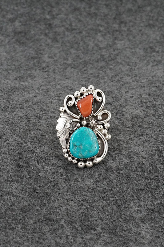 Turquoise, Coral & Sterling Silver Ring - Herbert Begaye - Size 8