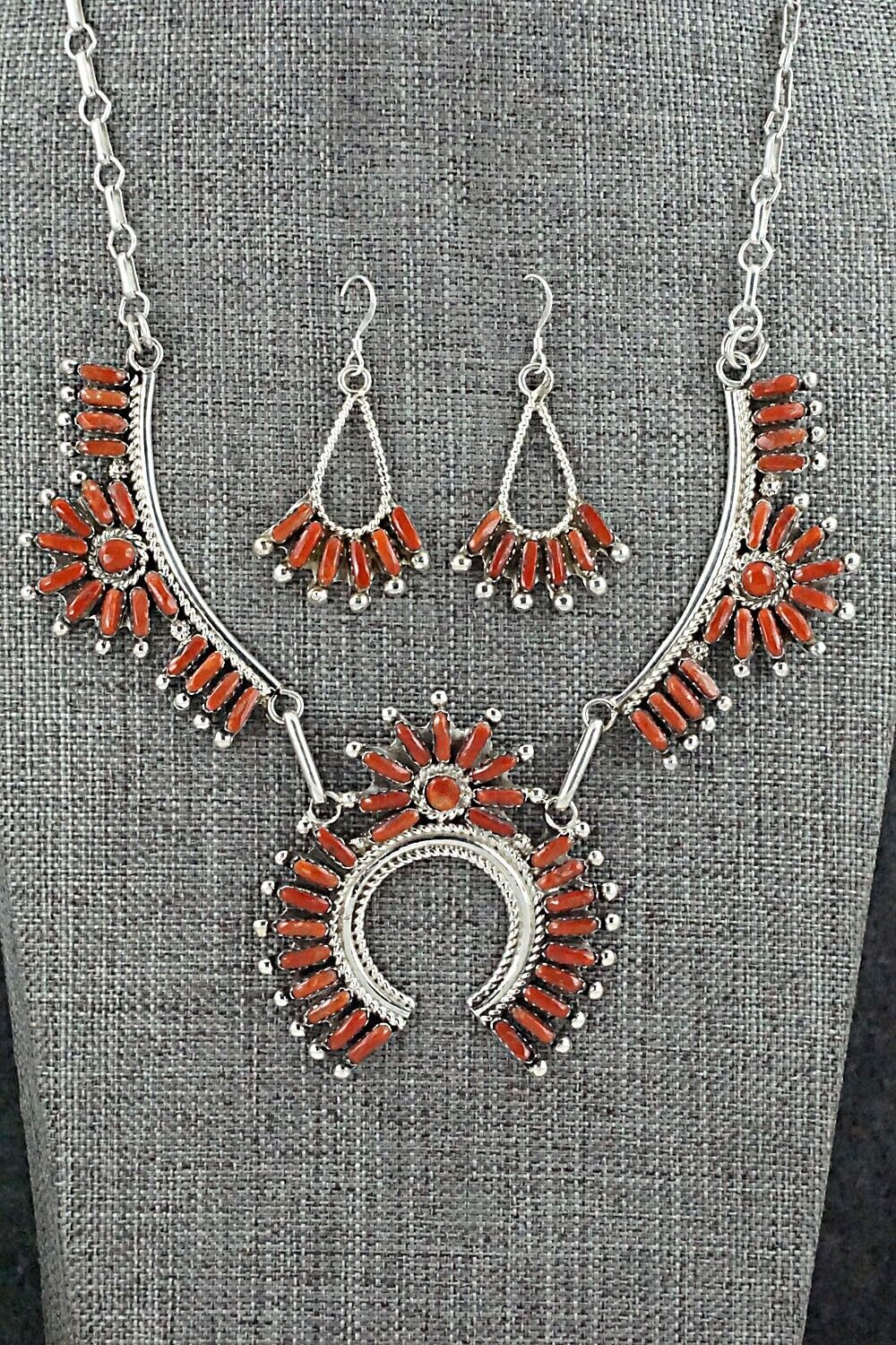 Coral & Sterling Silver Necklace and Earrings Set - Vangie Tsabetsaye