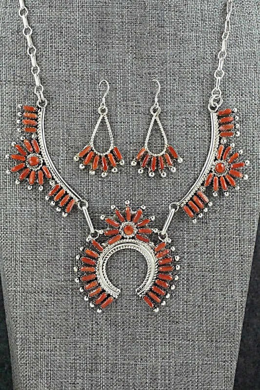 Coral & Sterling Silver Necklace and Earrings Set - Vangie Tsabetsaye