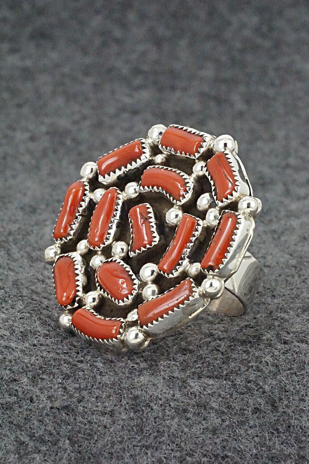 Coral and Sterling Silver Ring - Darlene Begay - Size 9.5