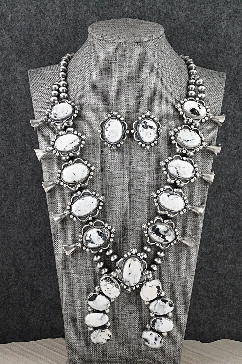 White Buffalo & Sterling Silver Squash Blossom Set - Paul Livingston