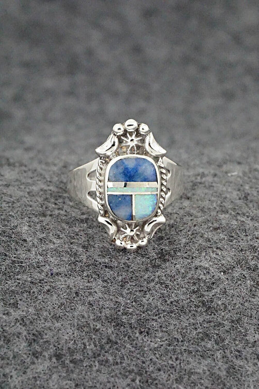 Turquoise, Opalite & Sterling Silver Inlay Ring - James Manygoats - Size 7.75