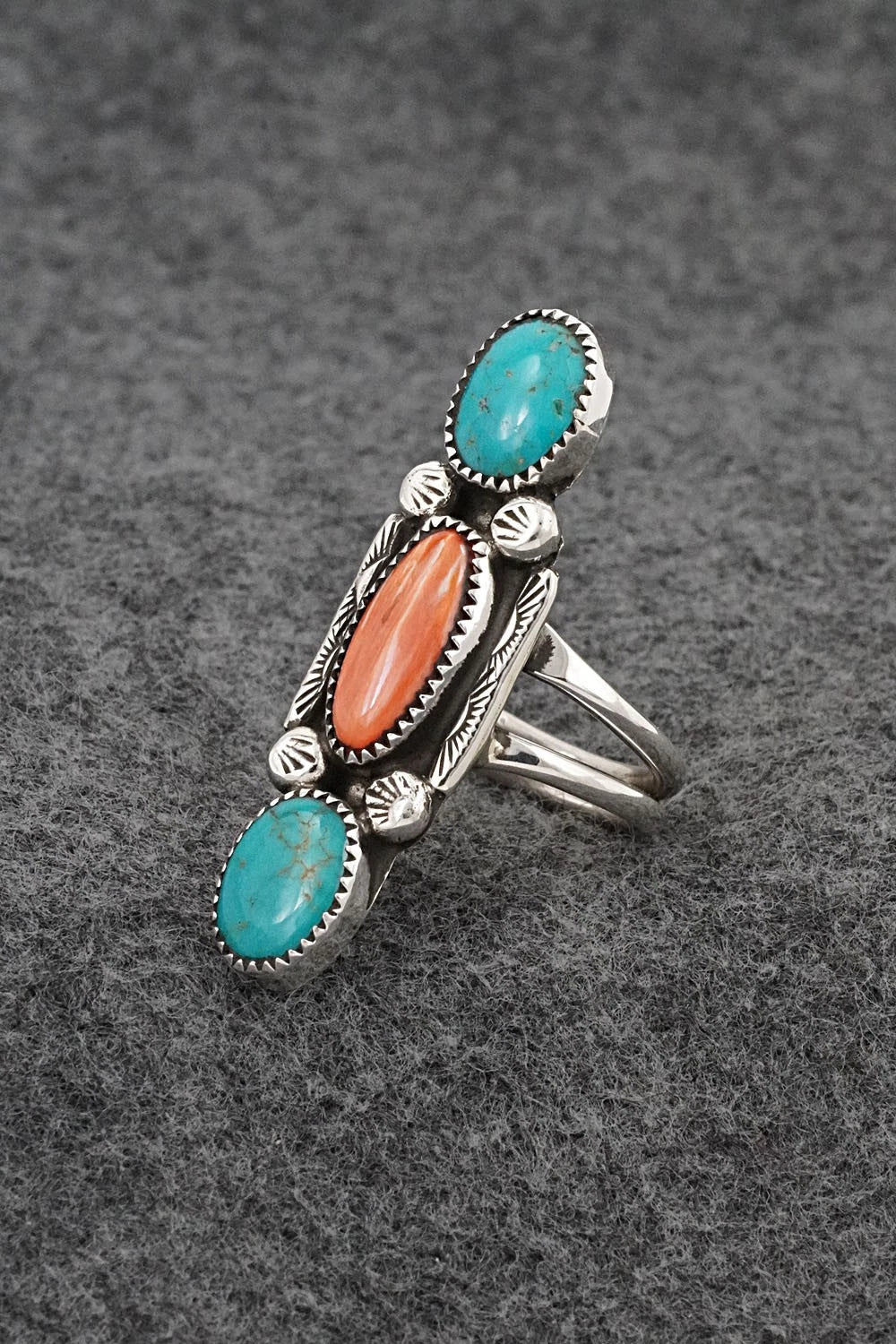 Turquoise, Spiny Oyster & Sterling Silver Ring - Priscilla Reeder - Size 8