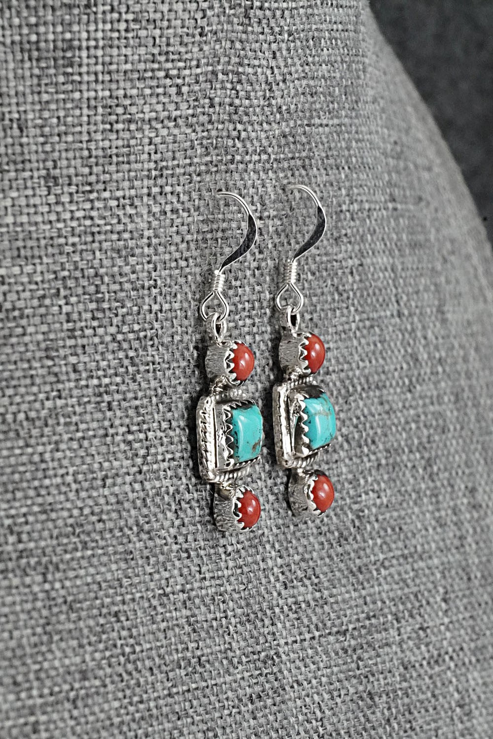 Turquoise, Coral & Sterling Silver Earrings - Gary Shorty