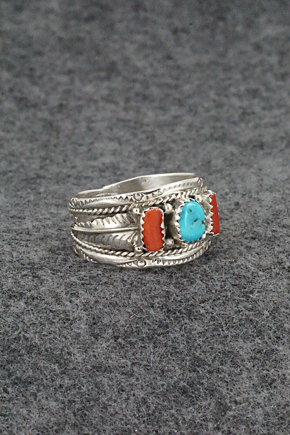 Turquoise, Coral and Sterling Silver Ring - Betty Begay - Size 13.25