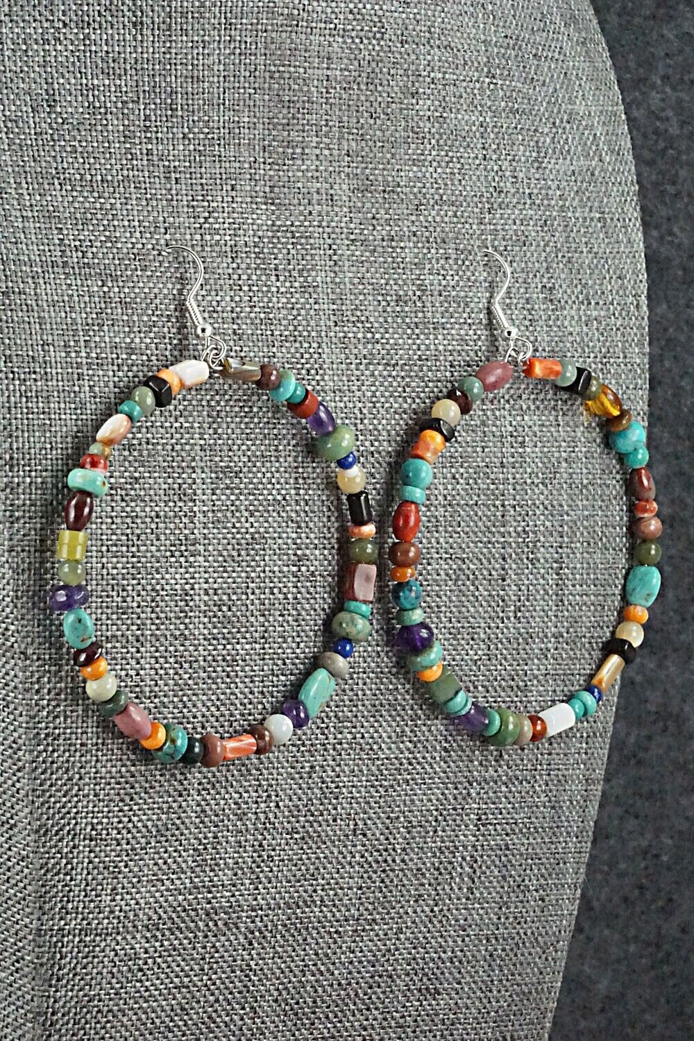 Multi Stone & Sterling Silver Hoop Earrings - Helen Tsosie