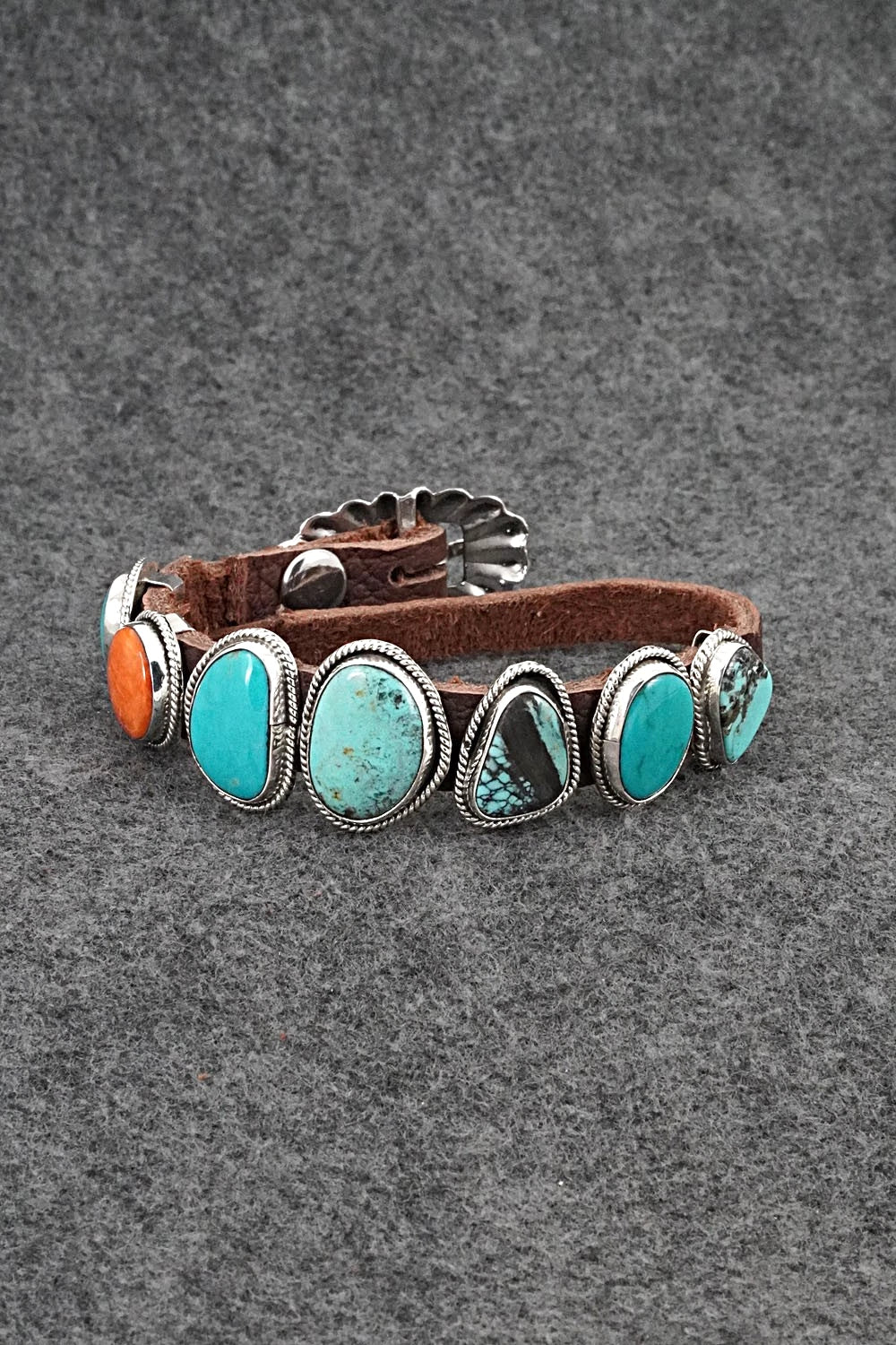 Turquoise, Spiny Oyster, Sterling Silver & Leather Bracelet - Marlene Ramone