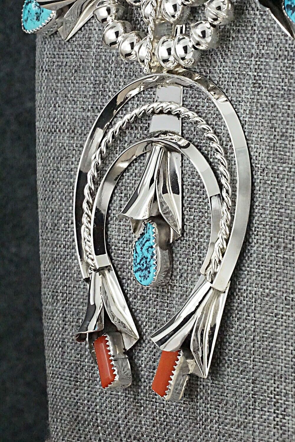Turquoise, Coral & Sterling Silver Squash Blossom Set - Louise Yazzie