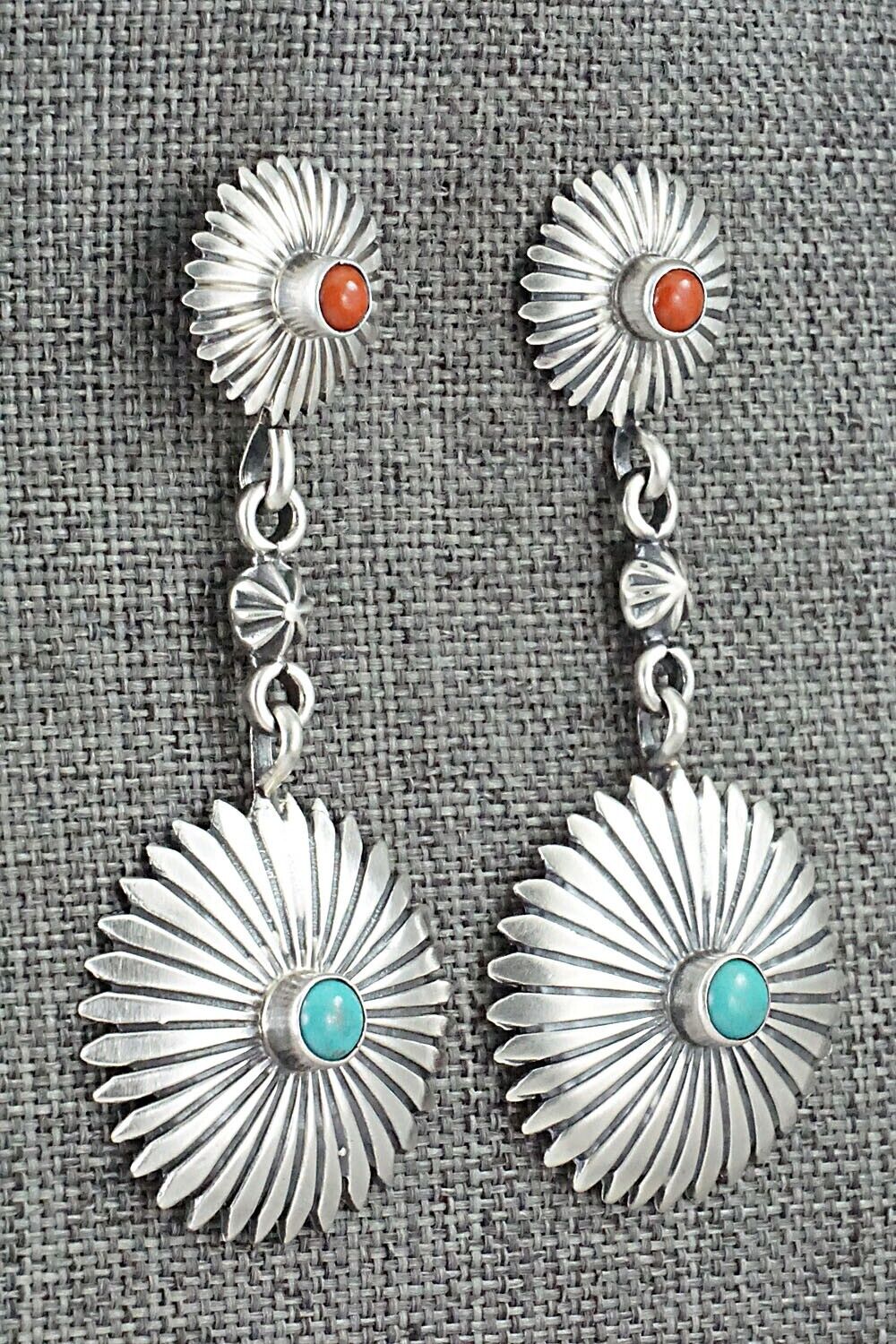 Turquoise, Coral & Sterling Silver Earrings - Verley Betone