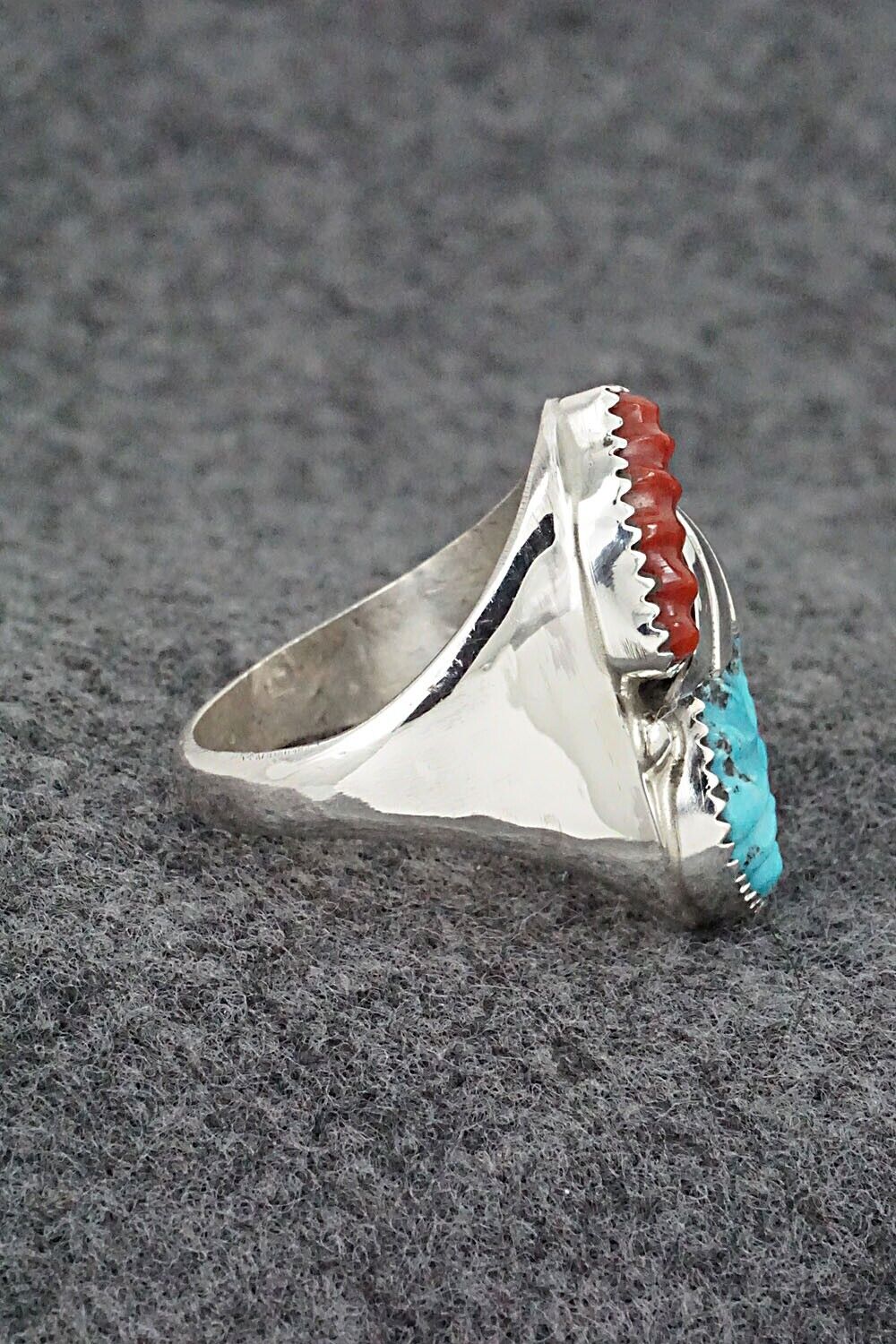 Coral, Turquoise & Sterling Silver Ring - Lyolita Tsattie - Size 10