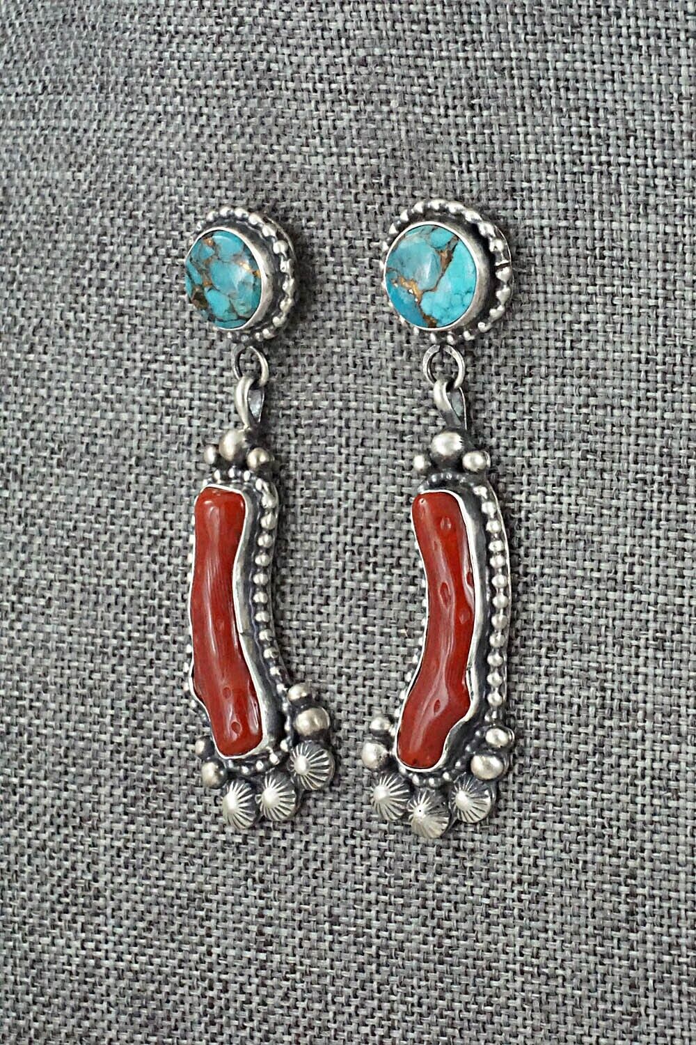 Turquoise, Coral & Sterling Silver Earrings - Tom Lewis
