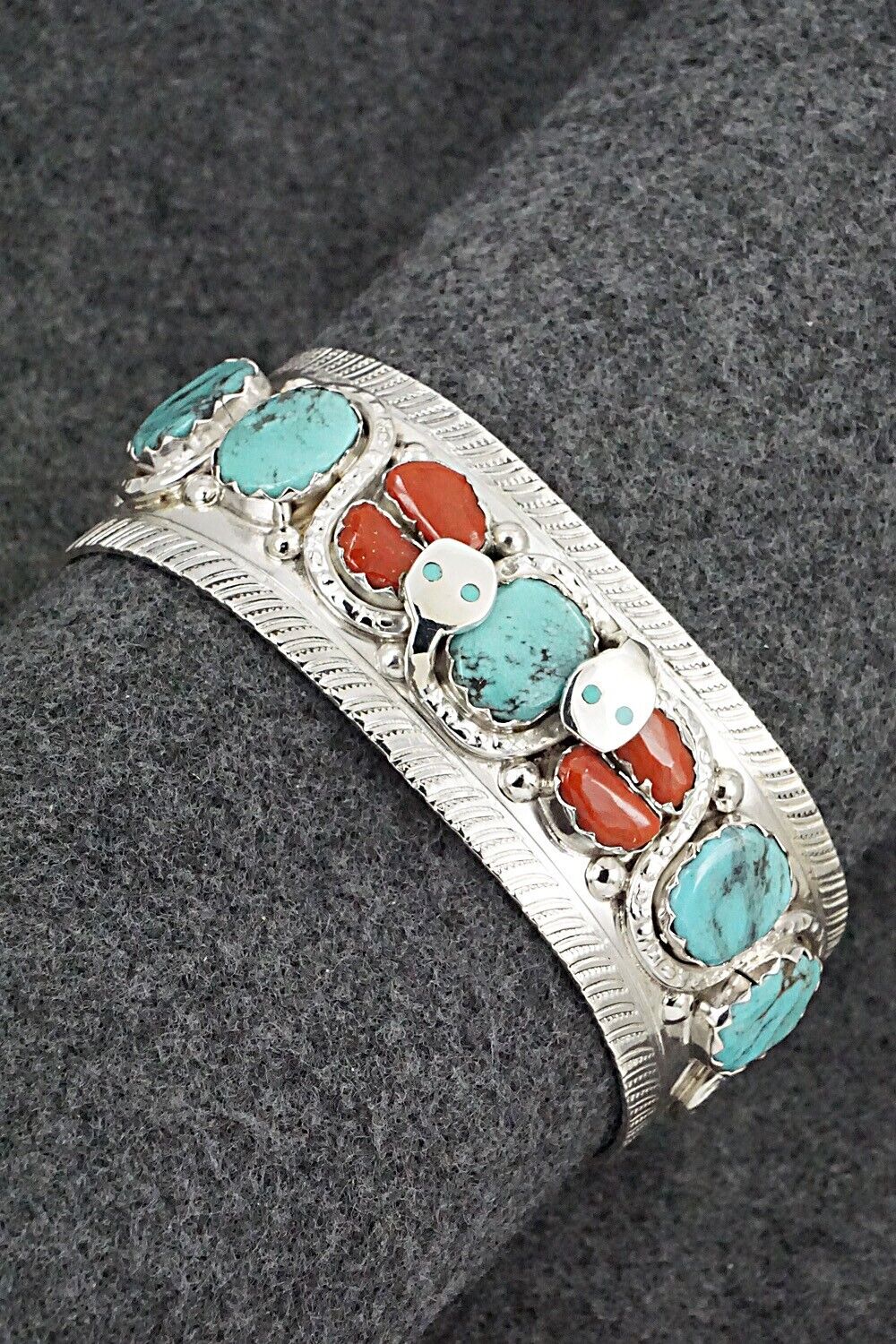 Turquoise, Coral & Sterling Silver Bracelet - Joy Calavaza