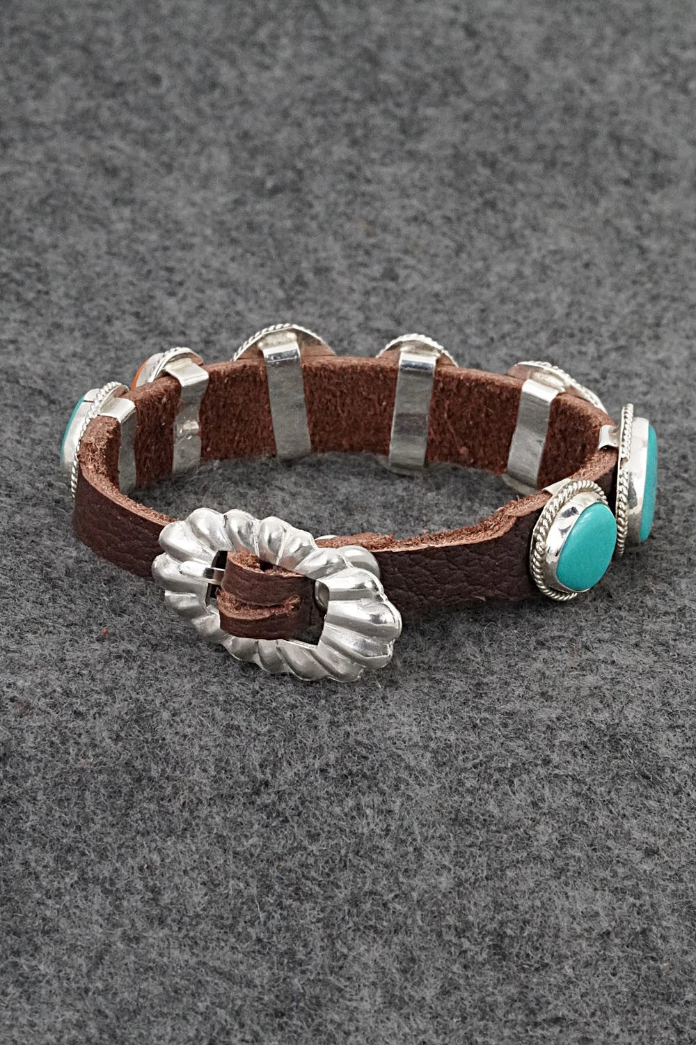 Turquoise, Spiny Oyster, Sterling Silver & Leather Bracelet - Rosita Charlie