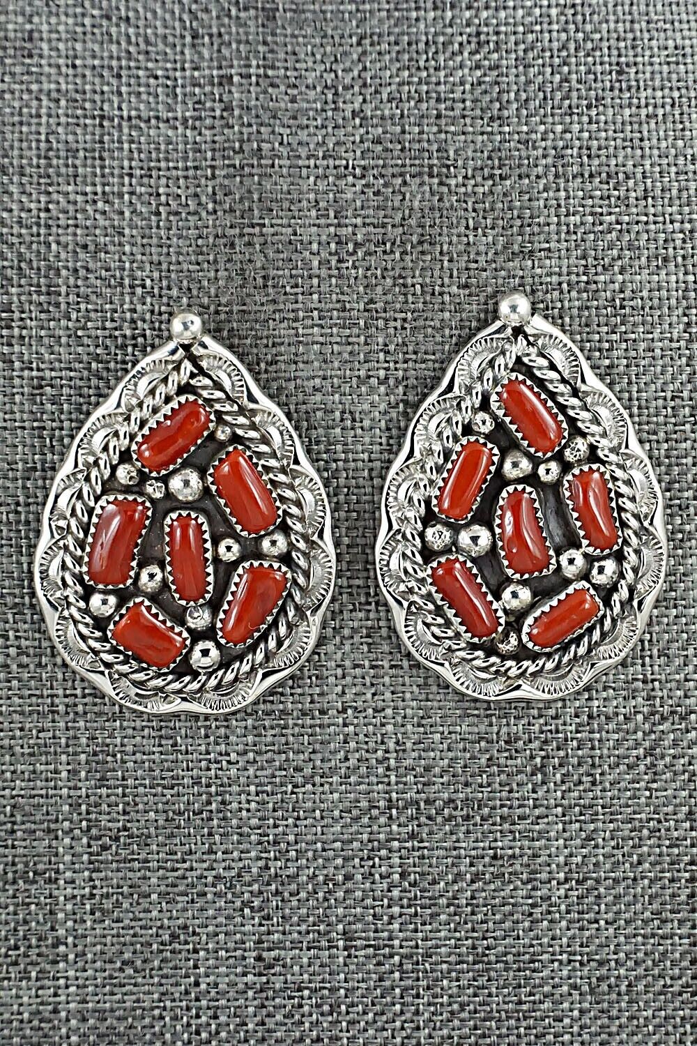 Coral & Sterling Silver Earrings - Chester Charley
