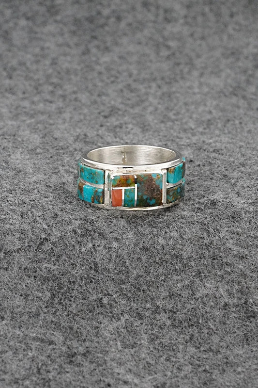 Turquoise, Coral & Sterling Silver Ring - Darlene Noble - Size 11