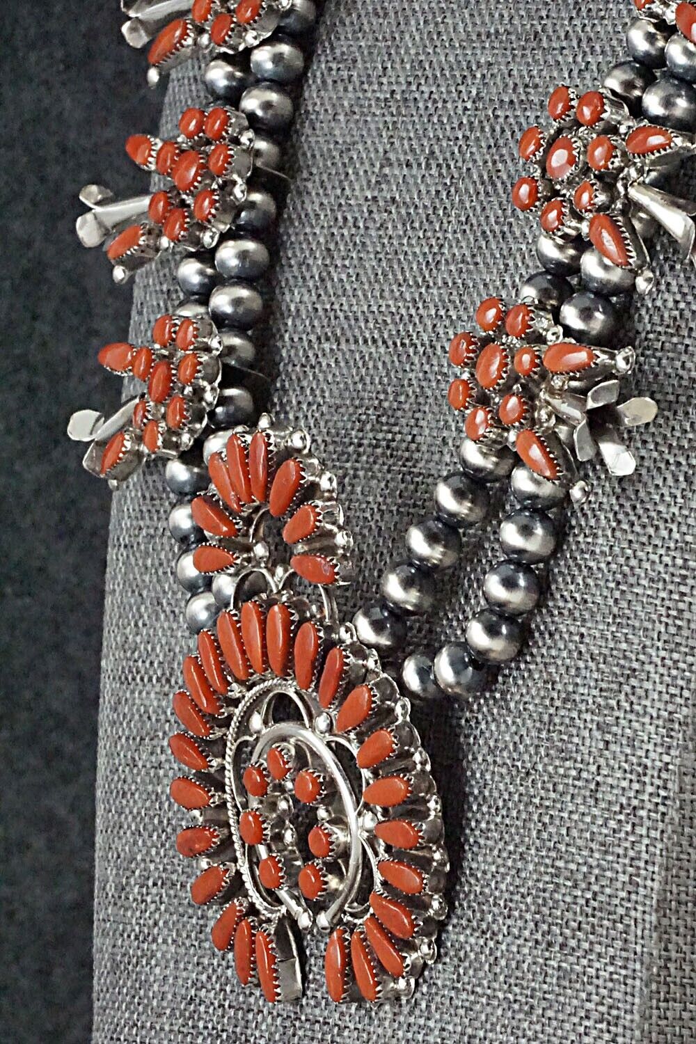 Coral & Sterling Silver Squash Blossom and Earrings Set - Viola Bobelu