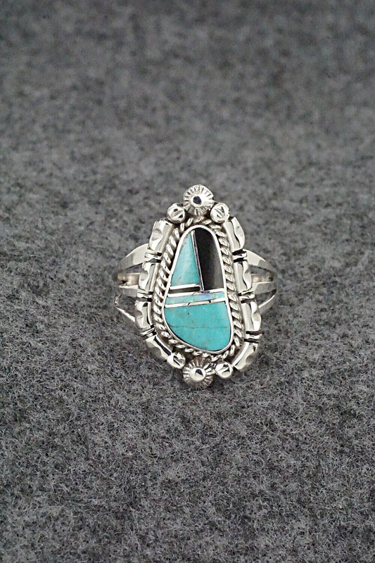 Turquoise, Opalite, Onyx & Sterling Silver Ring - James Manygoats - Size 9