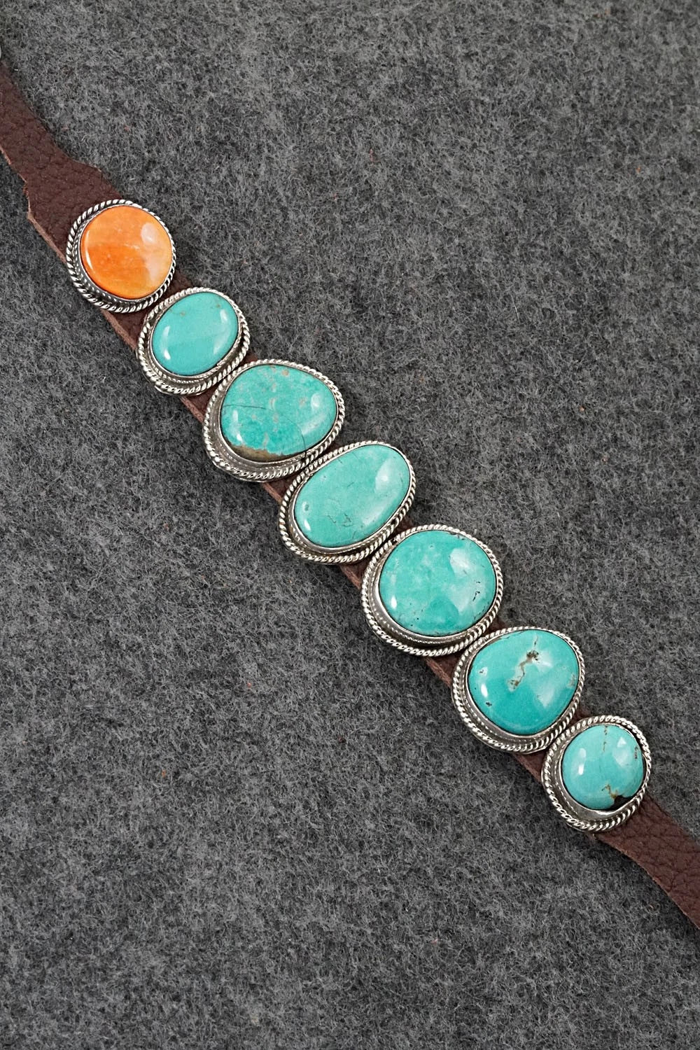 Turquoise, Spiny Oyster, Sterling Silver & Leather Bracelet - Marlene Ramone